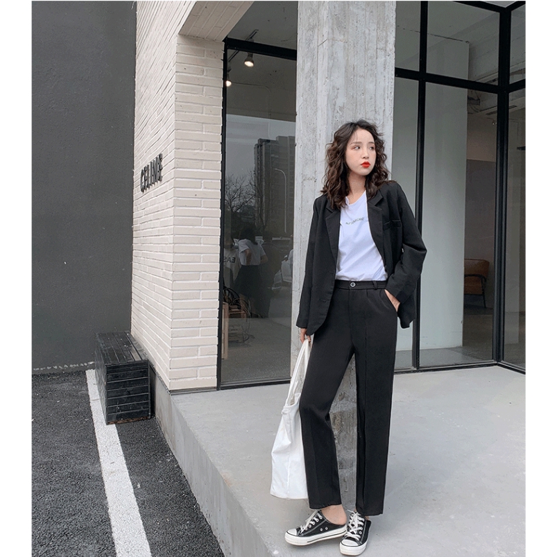SUXI Quần ống rộng lưng cao phong cách Hàn Quốc thanh lịch cho nữ