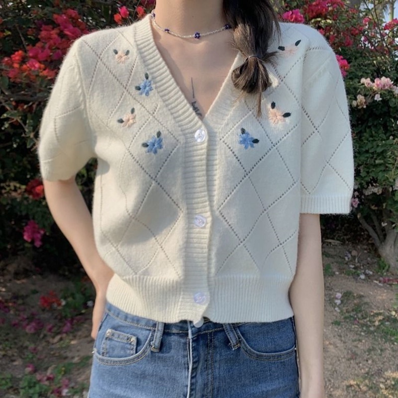 Áo Sweater Ngắn Tay Thêu Họa Tiết Thanh Lịch 185475 Áo Kiểu Cổ Chữ v Phong Cách Retro Xinh Xắn Cho Nữ