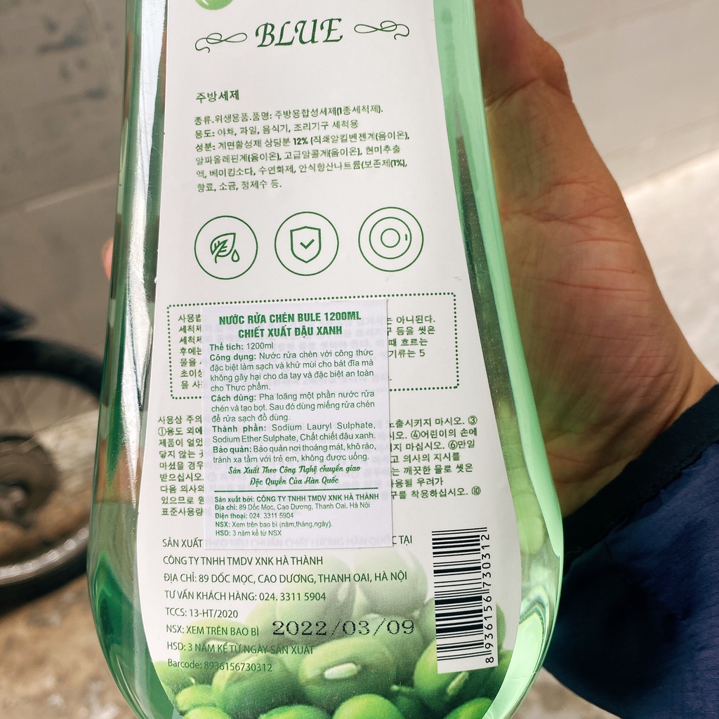 Nước rửa chén cao cấp trà xanh Blue 1,2L Hàn Quốc - Nước rửa chén Organic