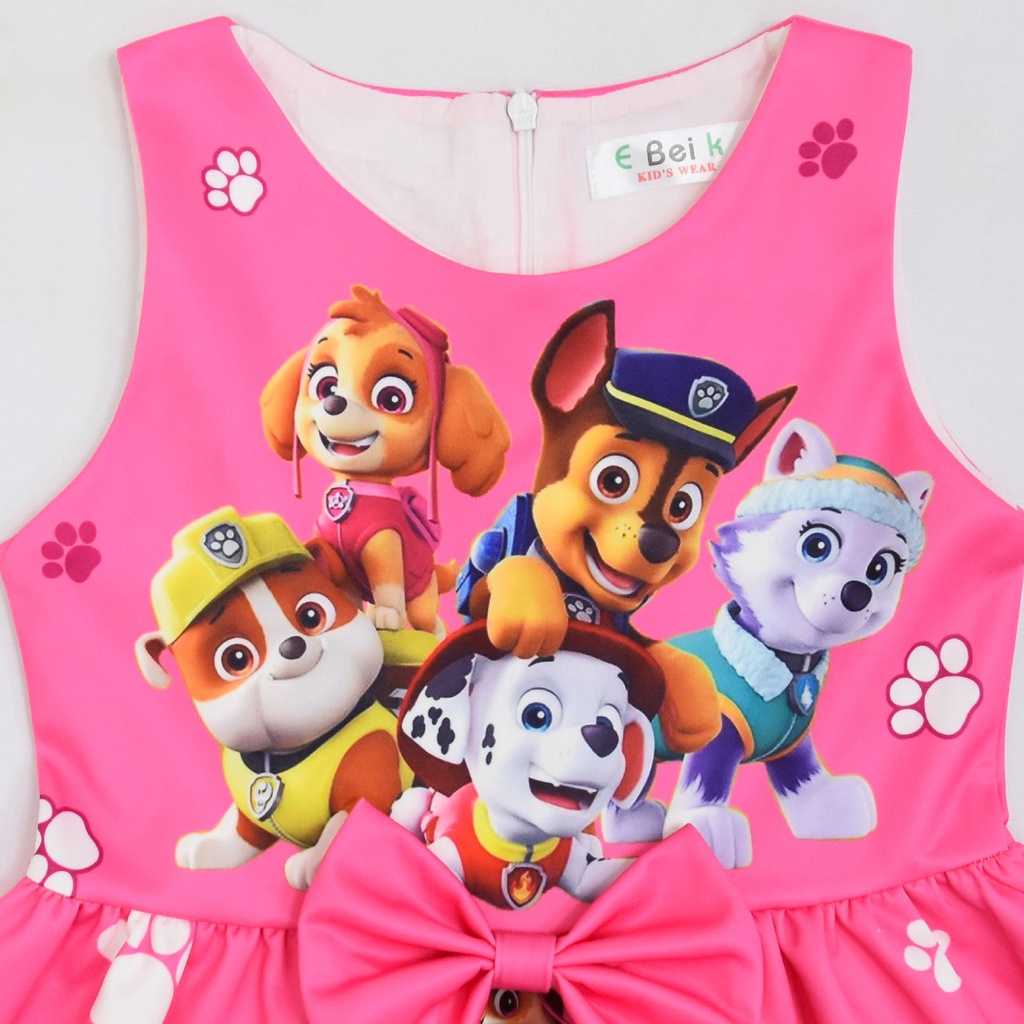 Đầm sát nách đính nơ màu hồng in hình hoạt hình Paw Patrol thời trang dự tiệc hóa trang cho bé gái