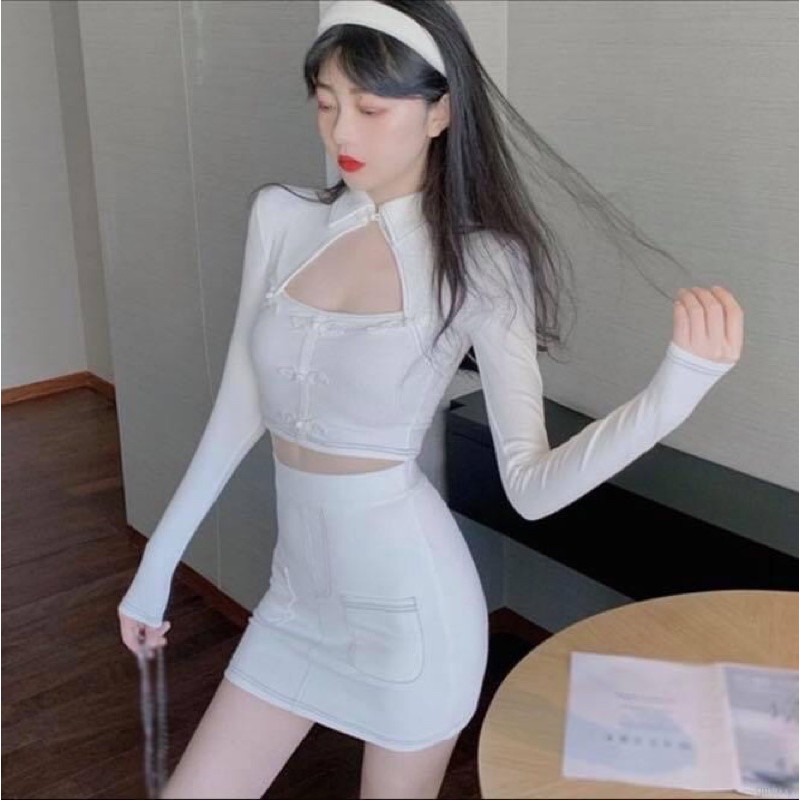 Set áo tay dài cut out khoét ngực nút cổ kèm váy ôm body cao cấp - Order taobao quảng châu