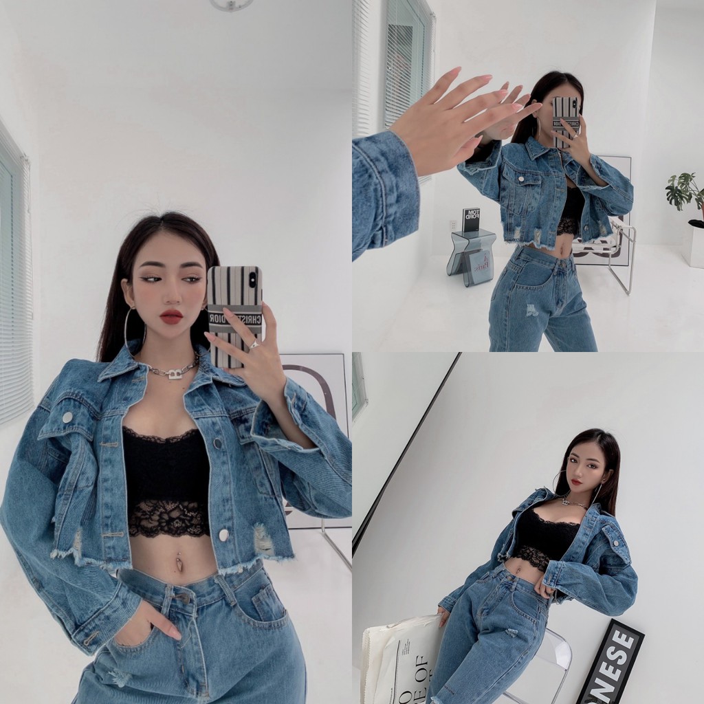 Áo khoác jeans không viền, lai rách cực phong cách, hàng thiết kế chuẩn form - Mina Young Shop