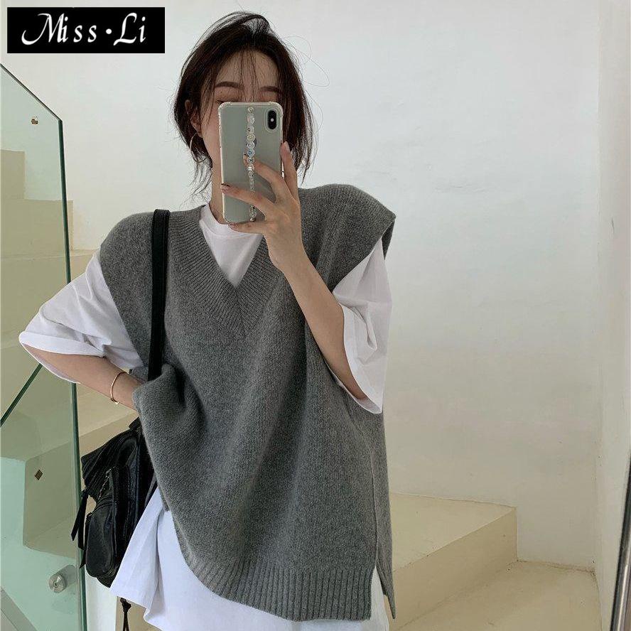 Áo ghi lê cổ chữ V dáng rộng dài vừa phải màu xám có thể gấp gọn thời trang mùa thu phong cách Hàn Quốc dễ phối đồ với 5 ngày cho nữ