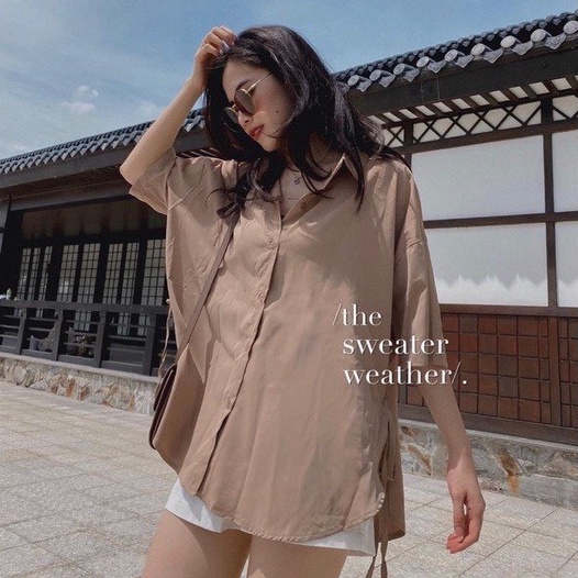 Áo sơ mi nữ vintage - áo sơ mi tay lỡ form rộng Shynstores vải đũi nhún eo