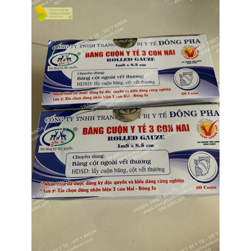 Băng cuộn y tế Đông Pha 3 con Nai chăm sóc vết thương - Gạc cuộn y tế Đông Fa 1,8m x 0,85cm/ cuộn - 1 hộp 50 cuộn
