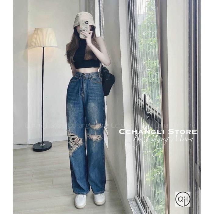 Quần Jeans ống rộng Quần bò nữ dáng suông lưng cao ulzzabg