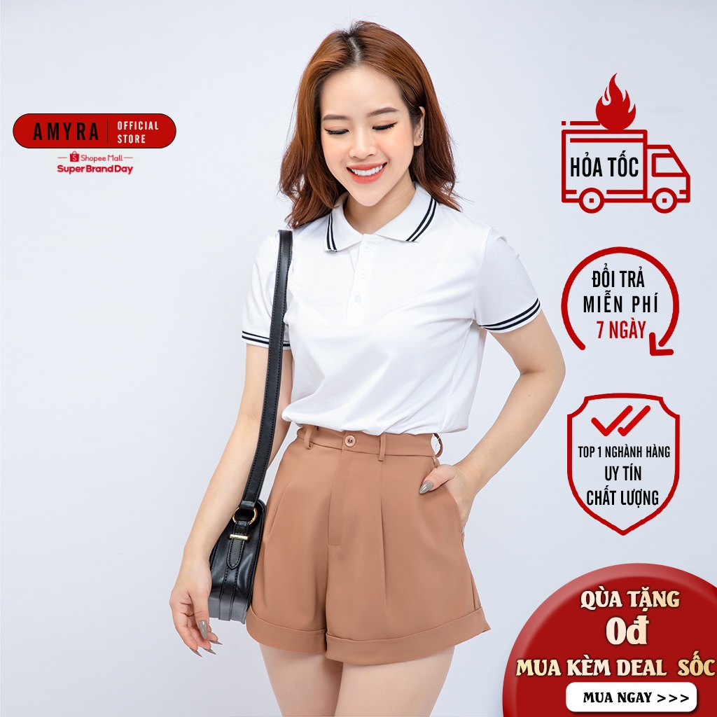 Áo phông nữ có cổ mùa hè AMYRA, polo tay ngắn co giãn basic vải cotton thun trơn trắng đen mặc đi làm, thể thao AT021