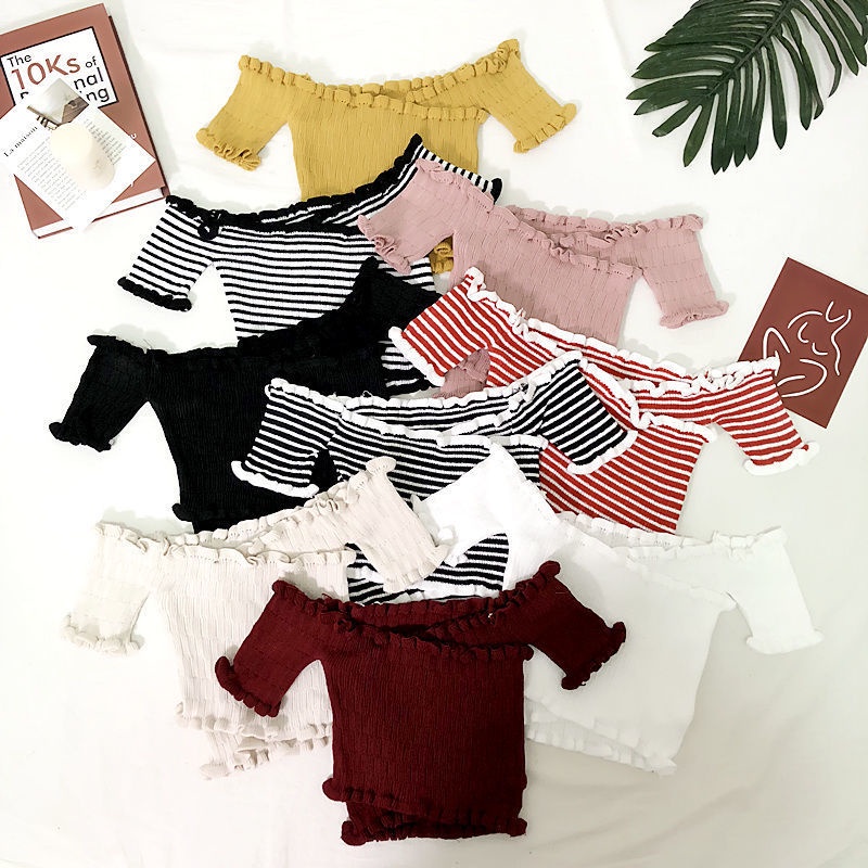 Áo Sweater Mỏng Mùa Hè 2022 Dáng Ôm Tay Cộc Trễ Vai Phong Cách Hàn Quốc Cho Nữ