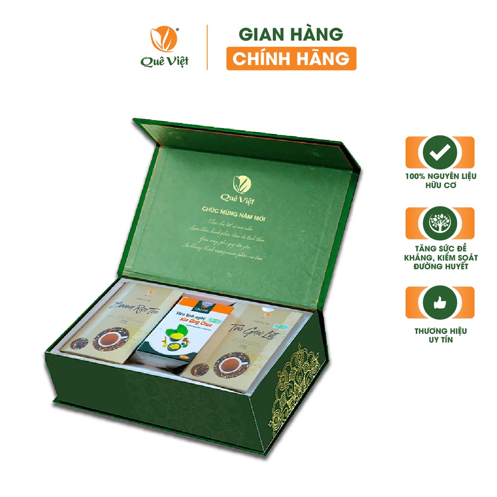 Hộp quà tết Trà gạo lứt và Viên tinh nghệ sữa ong chúa Quê Việt nguyên liệu tự nhiên an toàn ( 2 hộp trà + 1 hộp viên)