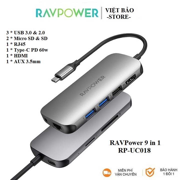 Cổng Chuyển Hub 9 in 1 RAVPower cho MB, PC & Devices (RP-UC018)