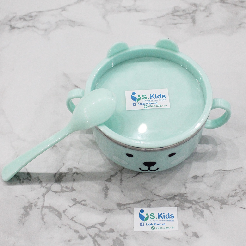 Bát ăn dặm inox KICHILACHI giữ nhiệt , kèm thìa muỗng nhựa và có nắp đậy cho bé