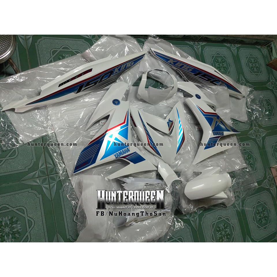 Tem Exciter 150, MX nhọn. Xe trắng, tem xanh. Chất liệu candy nhám. Chỉnh sửa theo yêu cầu. Sắc nét, bền màu, chống nước