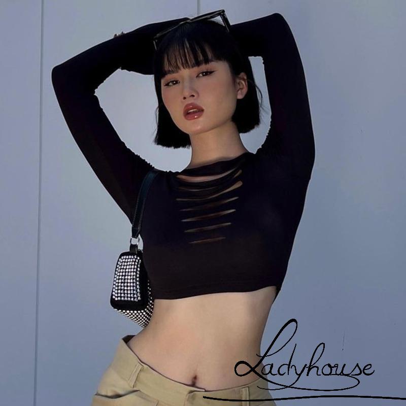 Áo Thun Crop Top Tay Dài Cổ Thuyền Màu Trơn Ôm Dáng Khoét Lỗ Dành Cho Nữ Đi Tiệc Câu Lạc Bộ