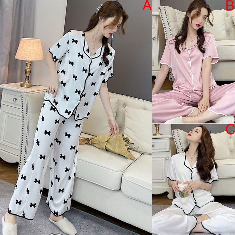 Bộ Đồ Ngủ Tay Ngắn Vải Lụa Satin Thoải Mái Thời Trang Hàn Quốc Cho Nữ
