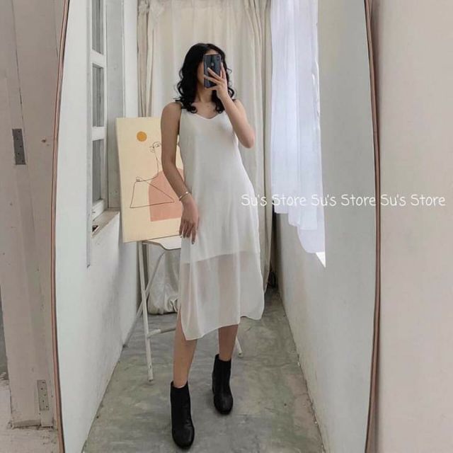 Đầm 2 dây voan chéo lưng dáng suông dài kèm ảnh và video thật