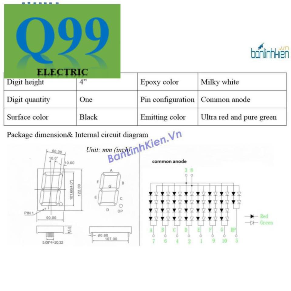 [Giá rẻ] [Q99] Led 7 đoạn 4.0 1 Số Anot 2 Màu Xanh Đỏ zin HD1