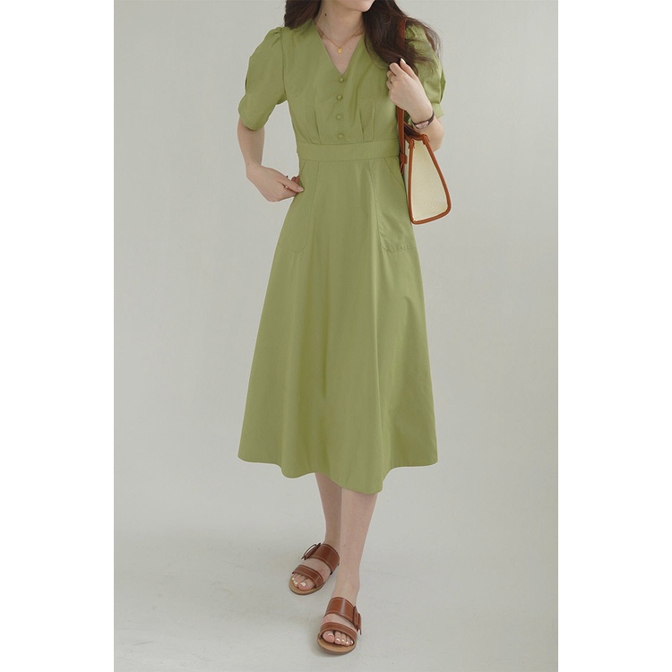 Đầm Midi Dáng Chữ A Tay Ngắn Cổ Chữ V Màu Xanh Lá Phong Cách Retro