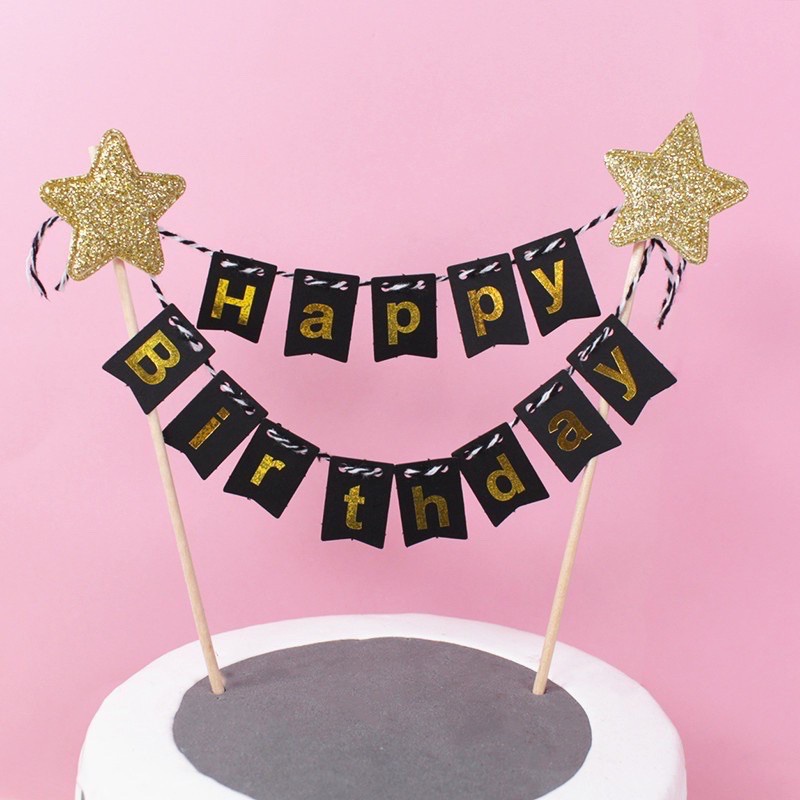 Cờ Treo Trang Trí Bánh Kem Chữ Happy Birthday Màu Vàng Kim Lấp Lánh