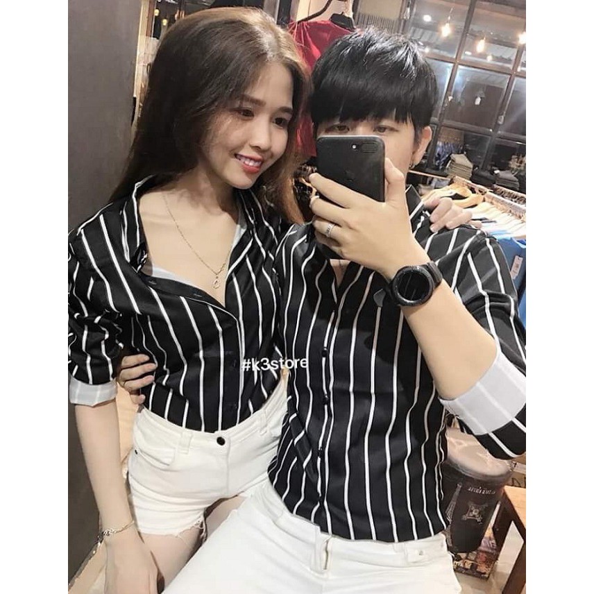 ÁO SƠ MI NAM NỮ SỌC TRẮNG ĐEN, ÁO SƠ MI CẶP THỜI TRANG (y hình) | BigBuy360 - bigbuy360.vn