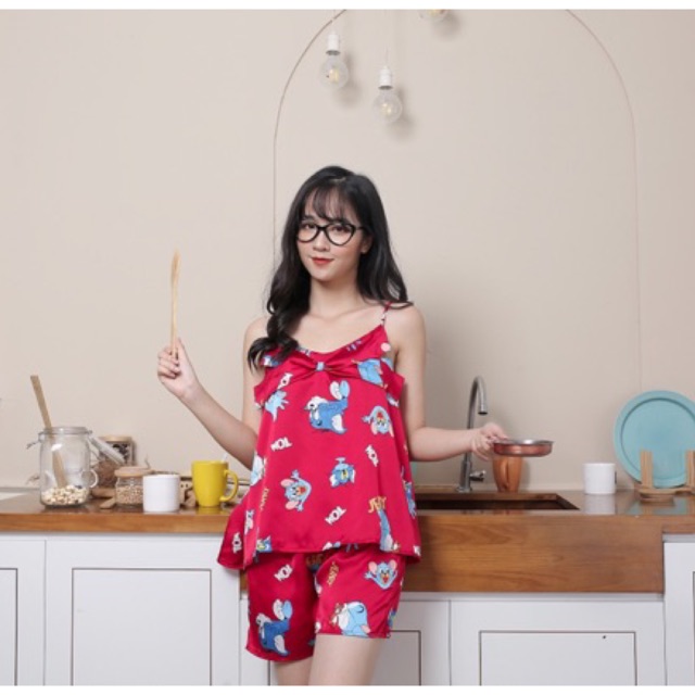 Bộ ngủ lụa hai dây thắt nơ cao cấp