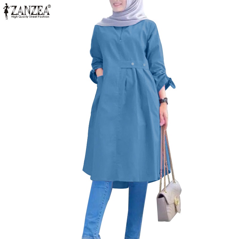 Zanzea Vintage Solid Color Áo dài tay trên cho phụ nữ Hồi giáo