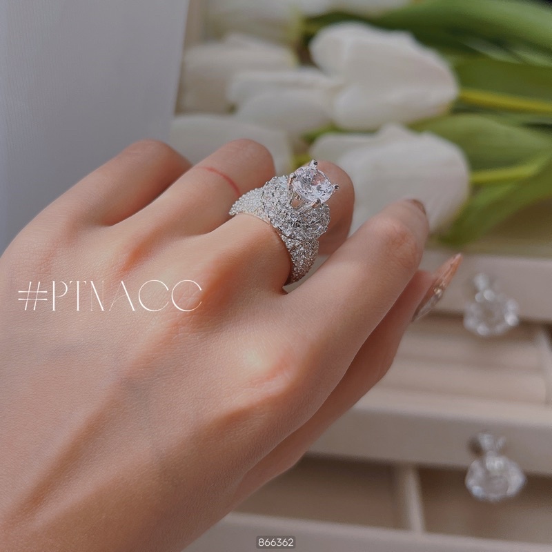 Nhẫn xi bạch kim đính full soàn tấm, nhẫn nữ đế tròn .PTNACC.