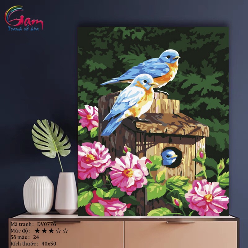 Tranh sơn dầu số hóa tô màu tự vẽ - DV0776 Tranh tự tô con vật đôi chim trên cành hoa hồng mùa xuân