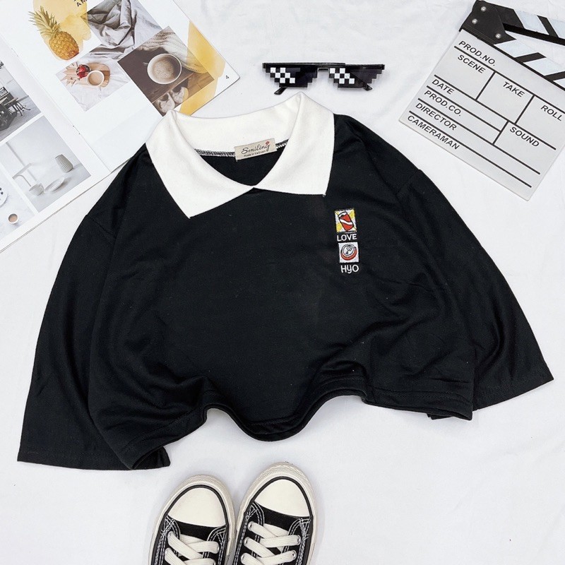 ÁO CROPTOP POLO OVERSIZED THÊU LOGO - ĐEN | BigBuy360 - bigbuy360.vn