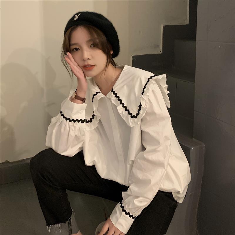 Áo sơ mi dài tay dáng rộng phong cách Hàn Quốc mùa thu mới 2021 xinh xắn cho nữ