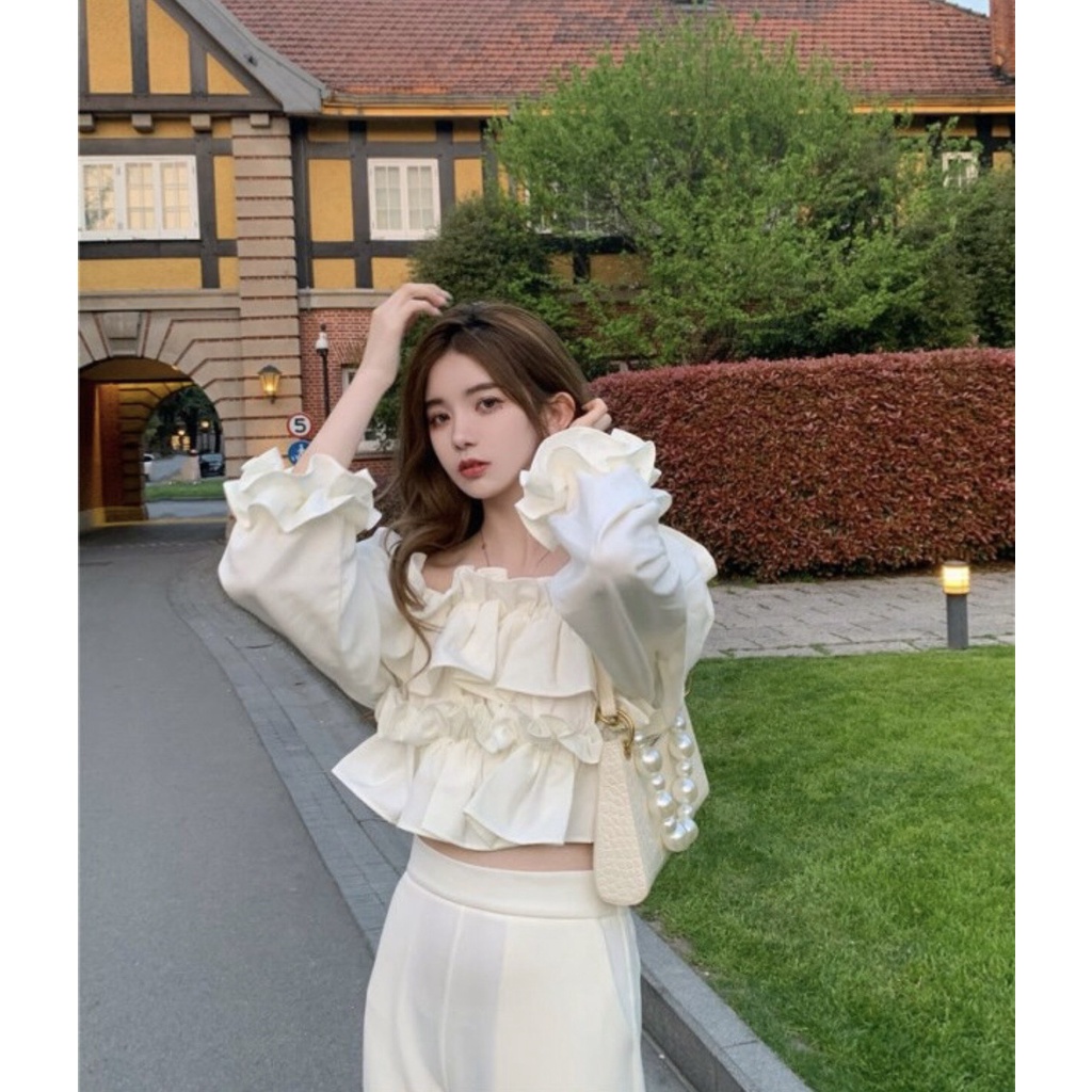 [Ảnh thật/Sẵn] Áo croptop trễ vai viền bèo dài tay ulzzang