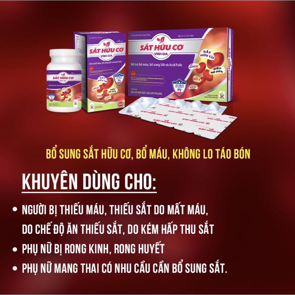 Viên Uống Bổ Sung Sắt Hữu Cơ VINH GIA Giảm Tình Trạng Thiếu Máu, Tăng Khả Năng Hấp Thụ Sắt Dùng Cho Mọi Lứa Tuổi 30 Viên