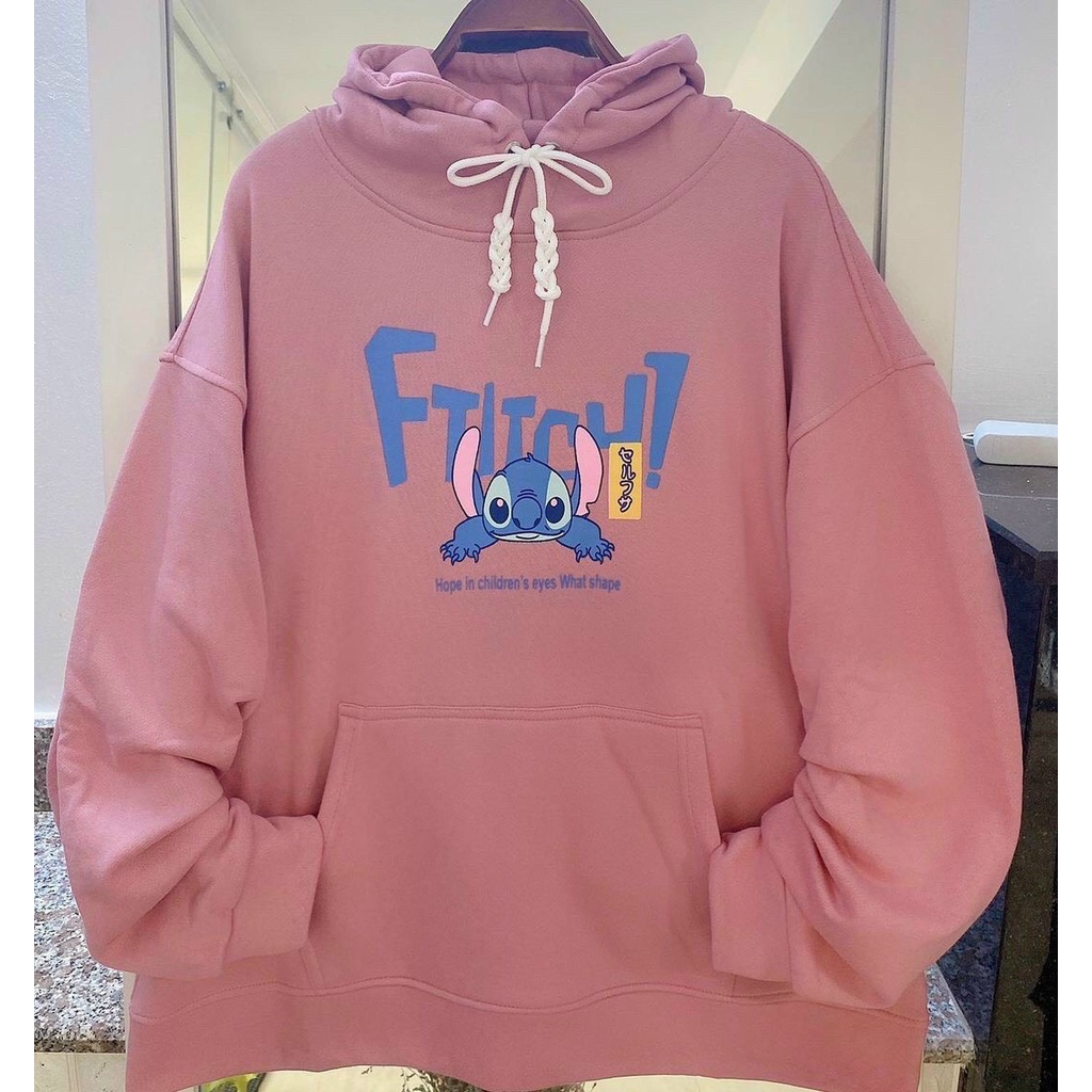 Áo khoác hoodie chất thun nỉ in hoạt hình Stitch dễ thương cho nam nữ dưới 65kg mặc
