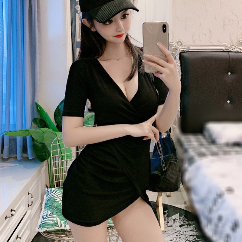 Đầm Ngắn Tay Cổ Chữ V Thiết Kế Bất Đối Xứng Phong Cách Hàn Quốc