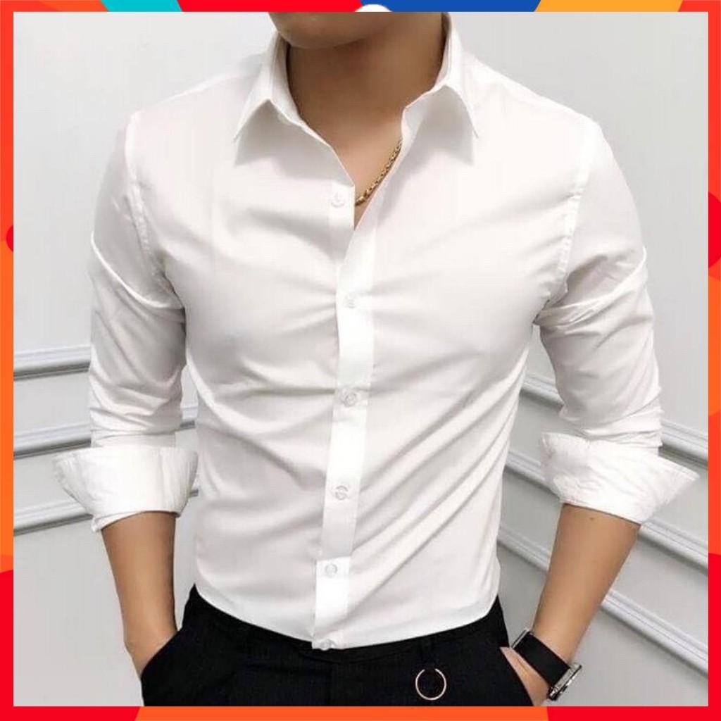 Áo sơ mi nam dài tay Hàn Quốc dáng ôm,cổ bẻ vải lụa chống nhăn chống xù | BigBuy360 - bigbuy360.vn