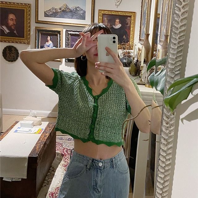 Áo Cardigan Dệt Kim Mỏng Tay Ngắn Cổ Chữ V Dáng Rộng Màu Sắc Thời Trang Dành Cho Nữ