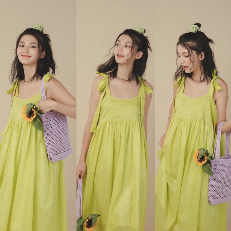 Unleashedvn GRETA AVOCADO SMOOTHIES DRESS - Đầm Greta màu xanh bơ 100% cotton, 2 dây vai thắt nơ, dáng babydoll dài