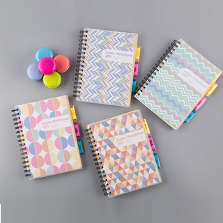 Sổ lò xo chia file B5 bìa nhựa nhiều màu sắc đan xen, 230 trang giấy kẻ ngang.