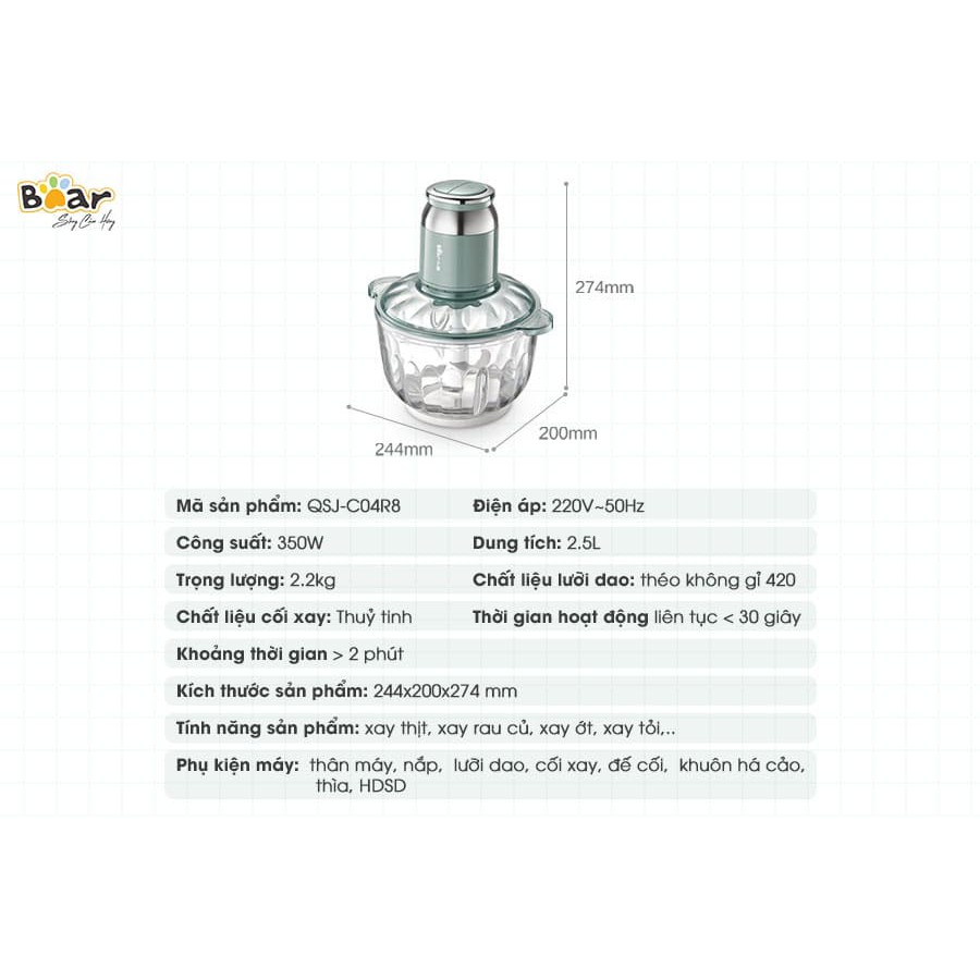 [Hàng chính hãng Bear] - Máy xay thịt Bear Màu xanh lá - QSJ-C04R8S