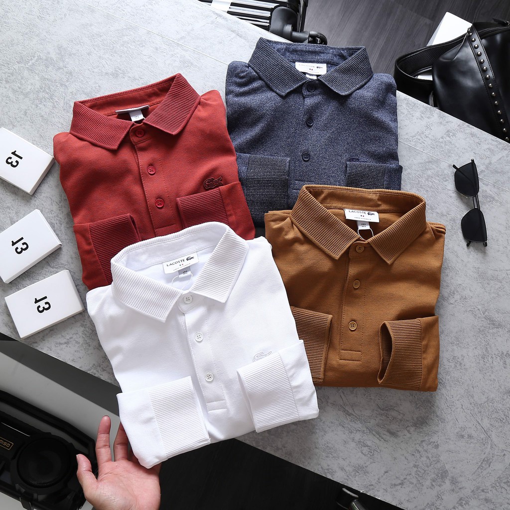 Áo Polo Nam trơn có cổ LACOSTE dài tay vải cotton pique color block hàng xuất xịn chính hãng