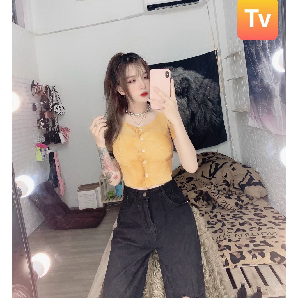 Áo kiểu croptop phối màu loang cài nút trước xinh , chất thun bozip mềm mịn ( ảnh thật )