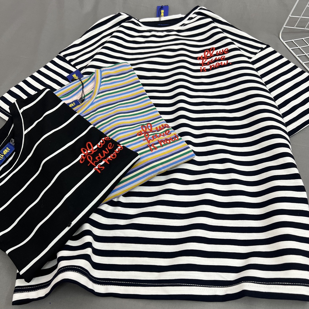 Áo thun kẻ xanh tay lỡ nam nữ MEANSTORE phông in hình cotton vải mát form rộng phong cách Ulzzang