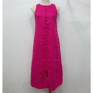 Đầm linen tưng premium sát nách khuy bọc màu hồng sen
