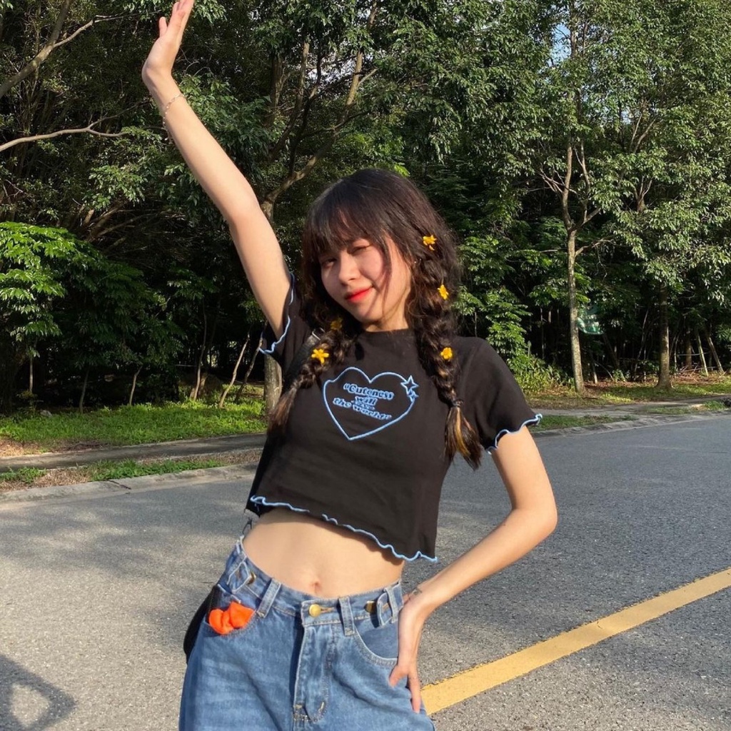 Áo Croptop Nữ Thêu HEART Tay Ngắn Form Ôm Ulzzang