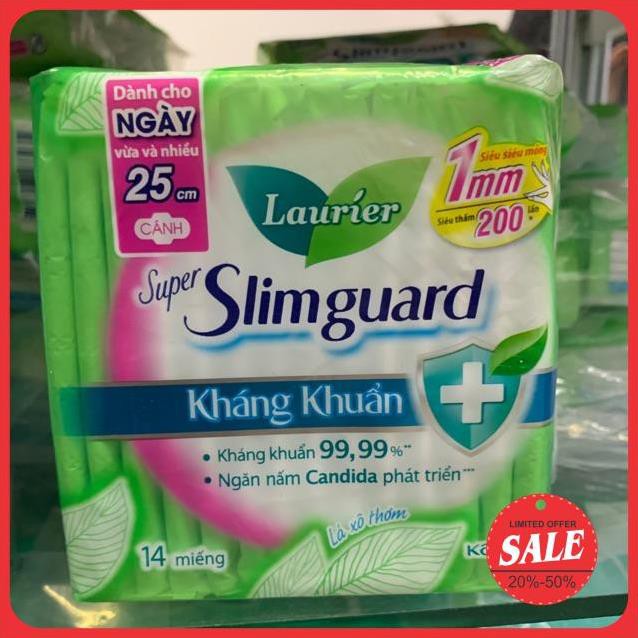 Băng vệ sinh cao cấp Laurier shuper slimguard kháng khuẩn  25cm ( có cánh ) 14 miếng