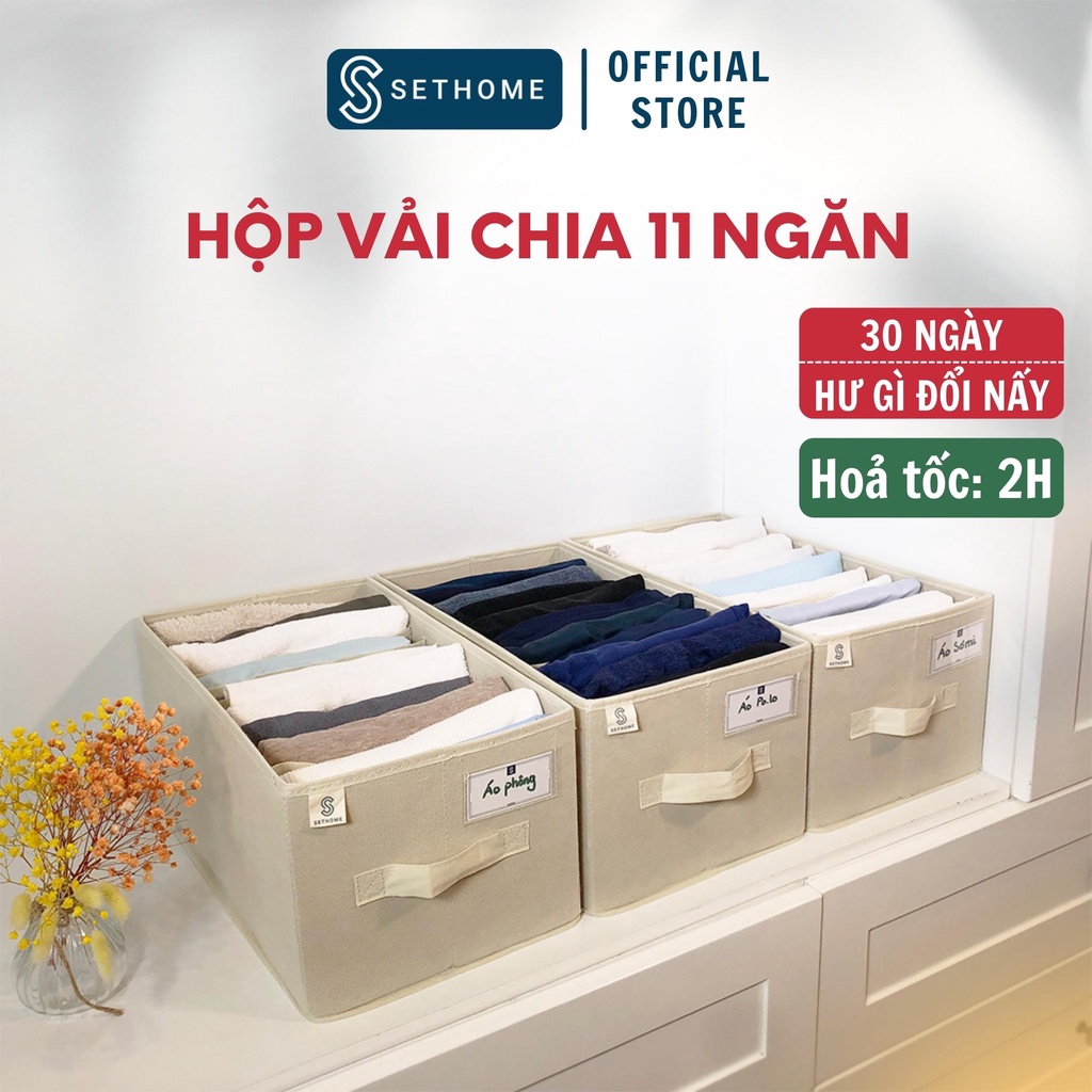 Hộp vải chia 11 ngăn độc quyền SETHOME có tag gắn tên hộp lõi dày 2mm rất cứng cáp đựng quần jeal áo thun áo len