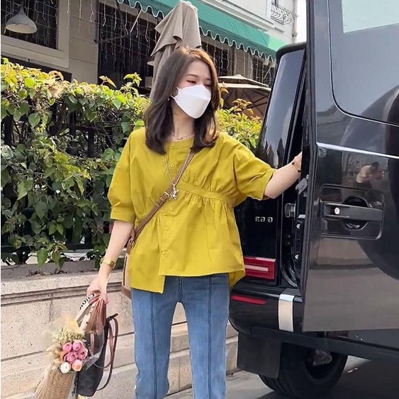 Áo sơ mi nữ áo kiểu nữ thiết kế cách điệu nhún chun eo form rộng rãi thoải mái chất liệu mềm mịn PANOSI - A213