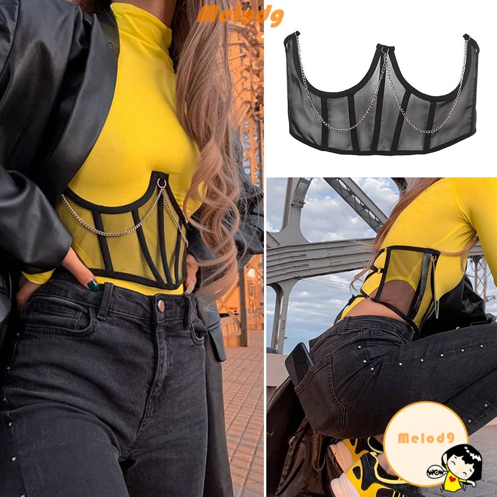 Đai Nịt Bụng Định Hình Eo Cao Màu Đen Phối Dây Xích Kim Loại Xuyên Thấu Phong Cách Punk Harajuku Cổ Điển Dành Cho Bạn Nữ
