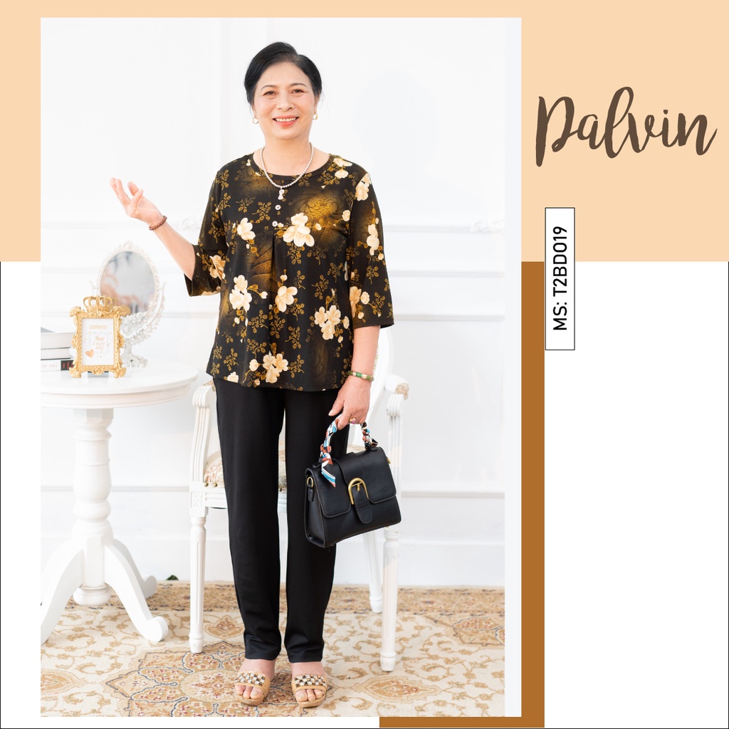 Đồ bộ lanh nữ trung niên PALVIN, quần dài ống côn, tay lỡ - T2BD