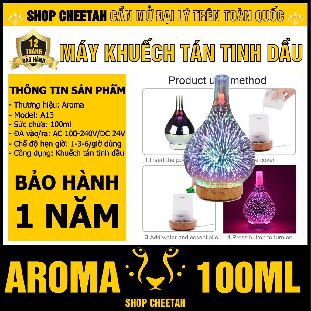 (A13-100ml) Máy khuếch tán tinh dầu Aroma – Kiểu Bóng đèn 3D – Chế độ Led 7 màu – Bảo hành 1 năm