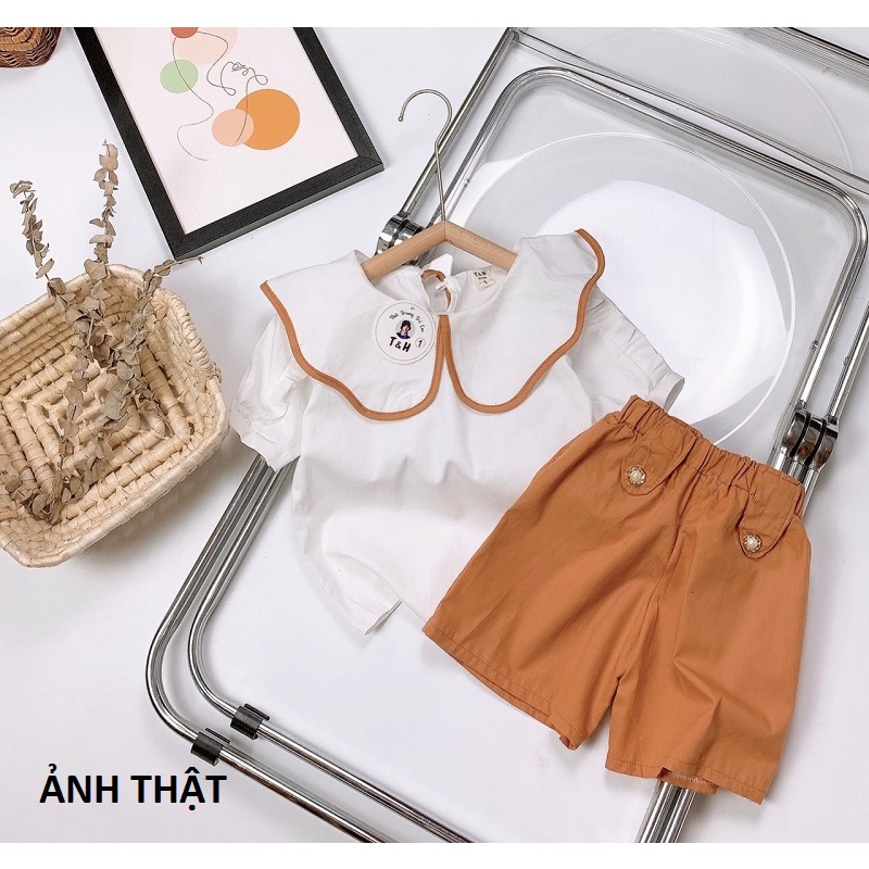 Set Bộ viền lượn bé gái Đồ bộ quần áo cho bé gái áo trắng quần short cam XHN1028